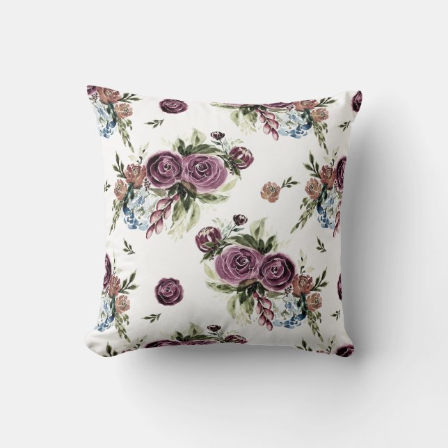 Mauve & Olive Modern Watercolor Floral Cushion (Front)