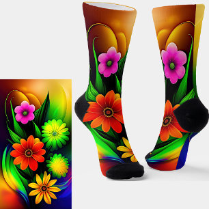 Mauve Orange Yellow Flowers on Gold & Green Socks