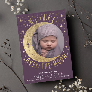 Mauve Over the Moon Photo Birth Announcement Card
