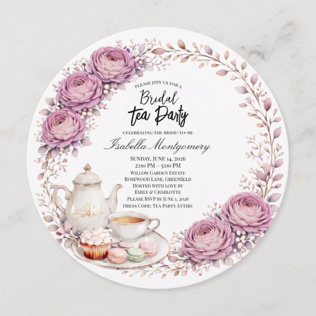 Mauve Palette Tea Party Bridal Shower Invitation (Front)