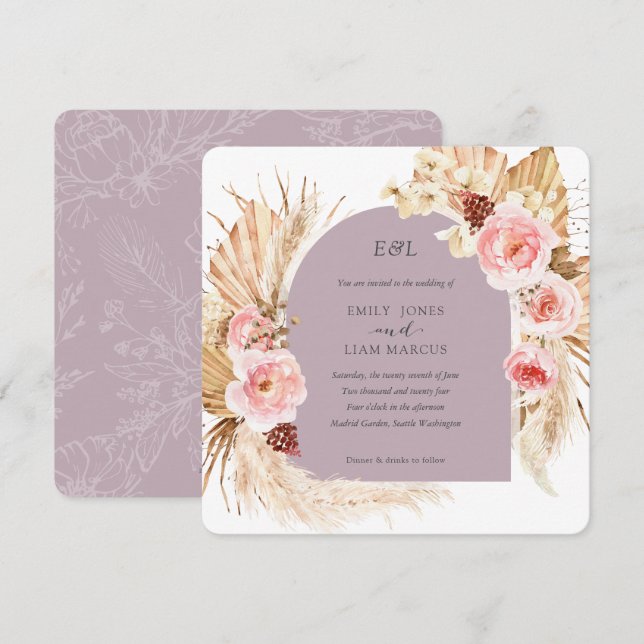 Mauve Pampas Grass Boho Floral Square Wedding  Invitation (Front/Back)