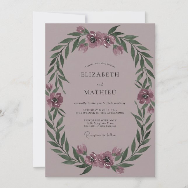 Mauve Peony Wreath Wedding Invitation (Front)