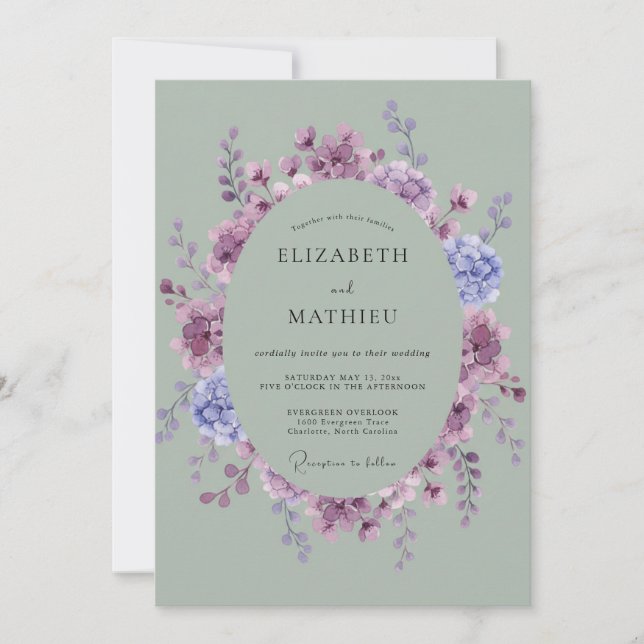 Mauve Periwinkle Wreath Wedding Invitation (Front)