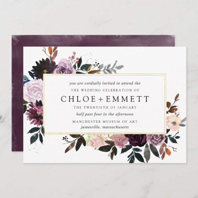 Mauve Pink and Purple Plum Floral Wedding Invitation (Front/Back)