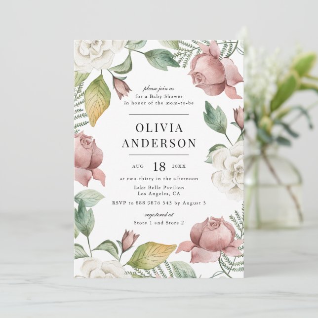 Mauve Pink and White Roses Floral Baby Shower Invitation (Standing Front)