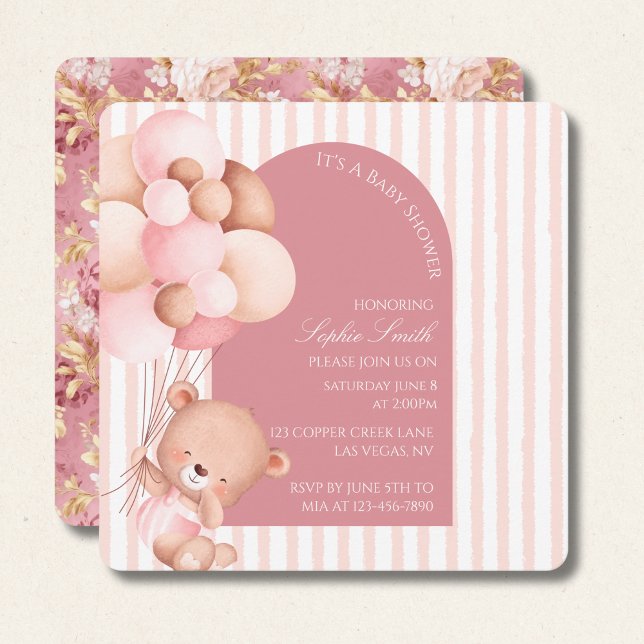 Mauve Pink Balloons, Stripes Bloom Baby Shower  Invitation (Creator Uploaded)