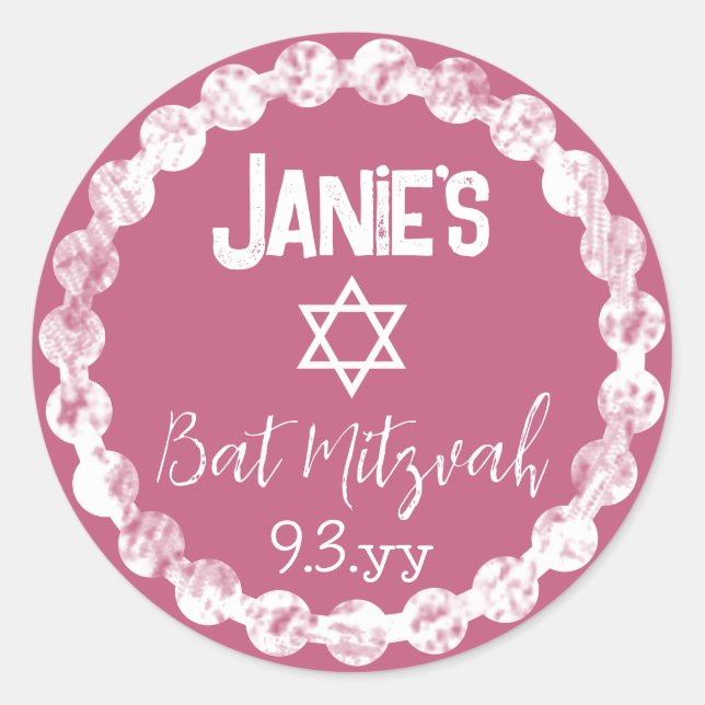 Mauve Pink Bat Mitzvah Personalised Classic Round Sticker (Front)