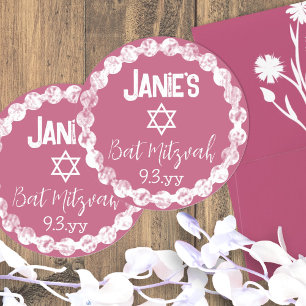 Mauve Pink Bat Mitzvah Personalised Classic Round Sticker