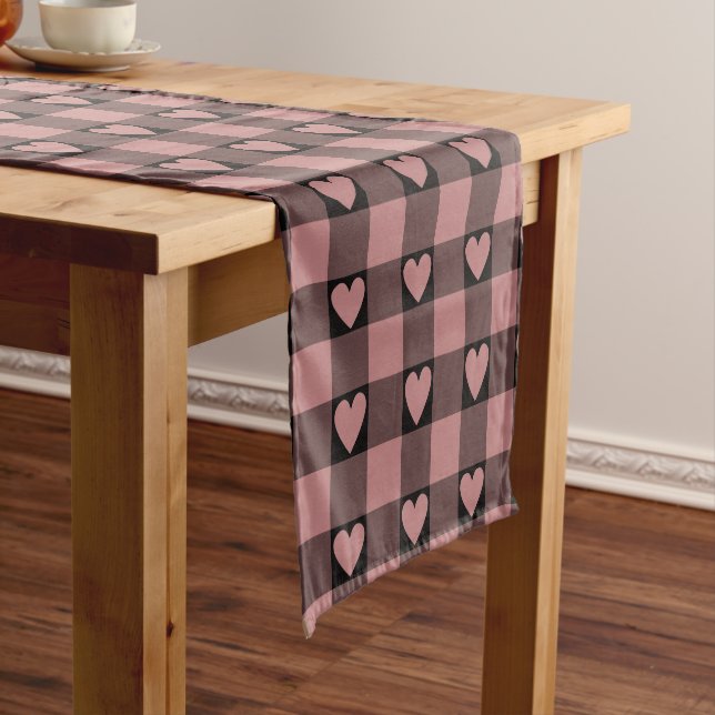 Mauve Pink Black Buffalo Heart Plaid Table Runner (In Situ)