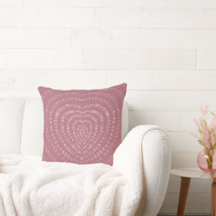 Mauve Pink Concentric White Hearts Boho Cushion