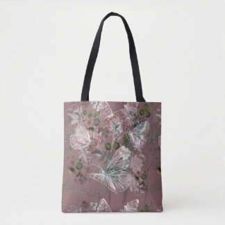 Mauve Pink Dusty Rose Butterfly Floral Tote Bag