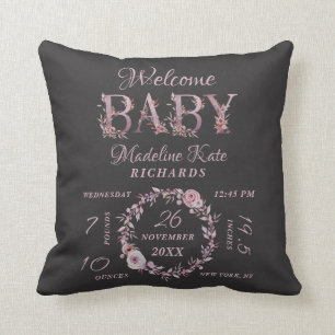 Mauve Pink Elegant Floral Baby Girl Birth Stats Cushion