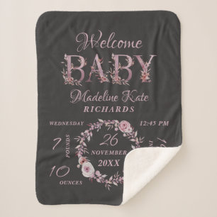 Mauve Pink Elegant Floral Baby Girl Birth Stats Sherpa Blanket
