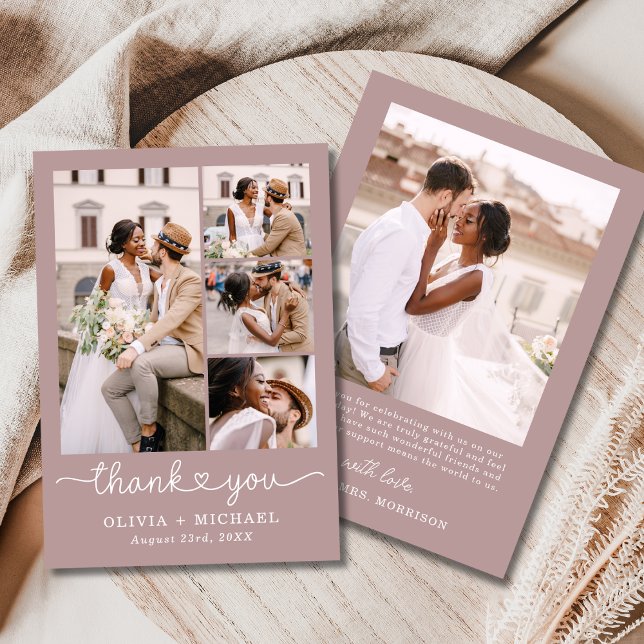Mauve Pink Four Photo Collage Script Wedding Thank You Card (Creator Uploaded)