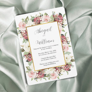Mauve Pink Green Florals Gold Frame Wedding Invitation