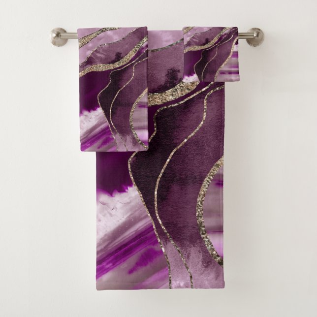 Mauve Pink Marble Agate Gold Glitter Glam #1  Bath Towel Set (Insitu)