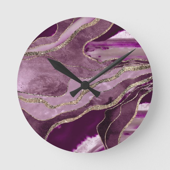 Mauve Pink Marble Agate Gold Glitter Glam #1  Round Clock (Front)