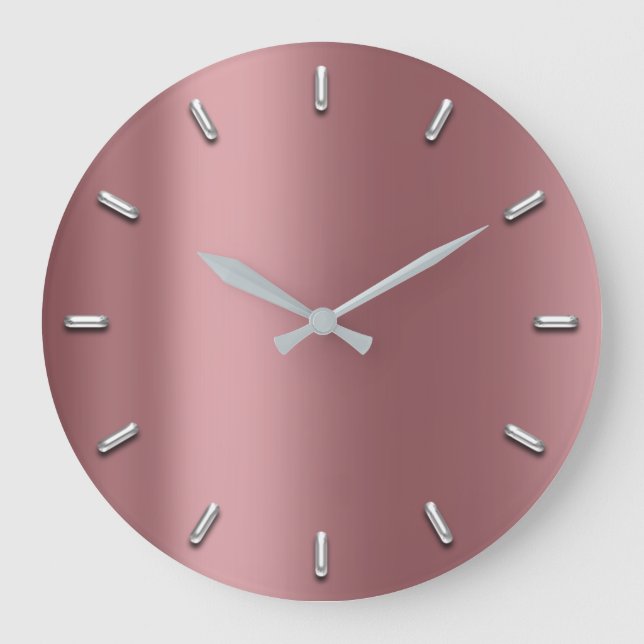 Mauve Pink Metallic Minimal Silver Red Bean Large Clock (Front)