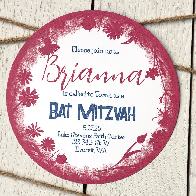 Mauve Pink, Navy Blue Bat Mitzvah Invitation (Unique Vintage pink and navy blue, wild flower botanical bat mitzvah invitations)