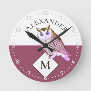Mauve Pink Owl Monogram Name Round Clock