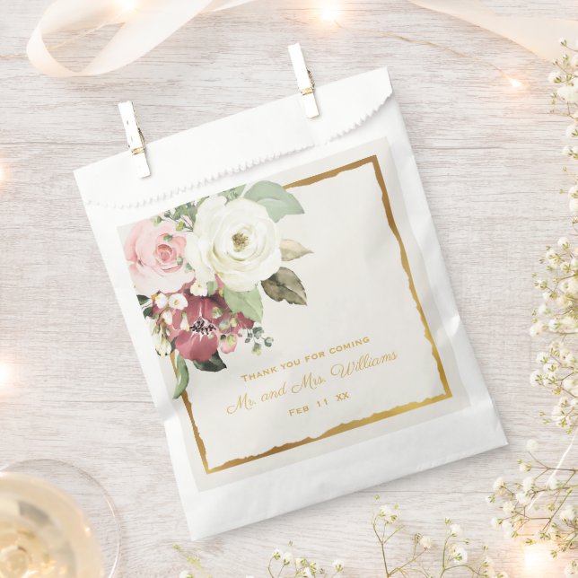 Mauve Pink White Florals Thank You Mr Mrs Wedding Favour Bag (Clipped)