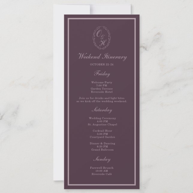 Mauve Plum Monogram Wedding Weekend Itinerary Invitation (Front)