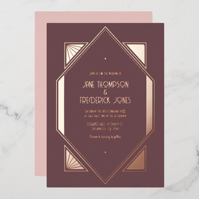Mauve Plum & Rose Gold Gatsby Art Deco Wedding (Front/Back)