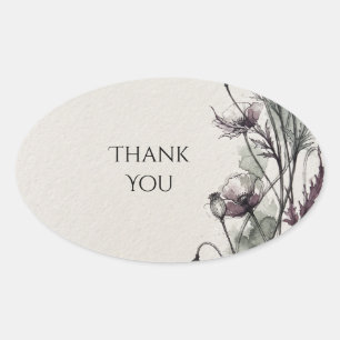Mauve Poppy Floral Wedding Thank You Oval Sticker