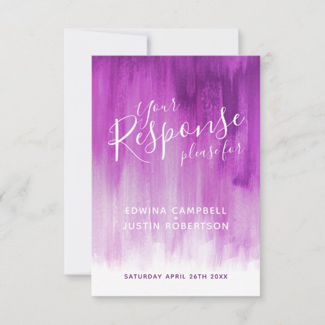 Mauve purple abstract art wedding reply cards (Front)
