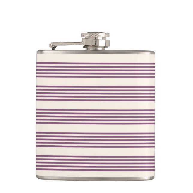 Mauve purple and beige five stripes pattern hip flask (Front)