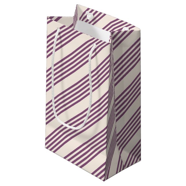 Mauve purple and beige five stripes pattern small gift bag (Front Angled)