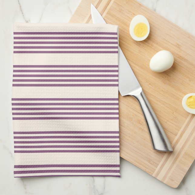 Mauve purple and beige five stripes pattern tea towel (Quarter Fold)