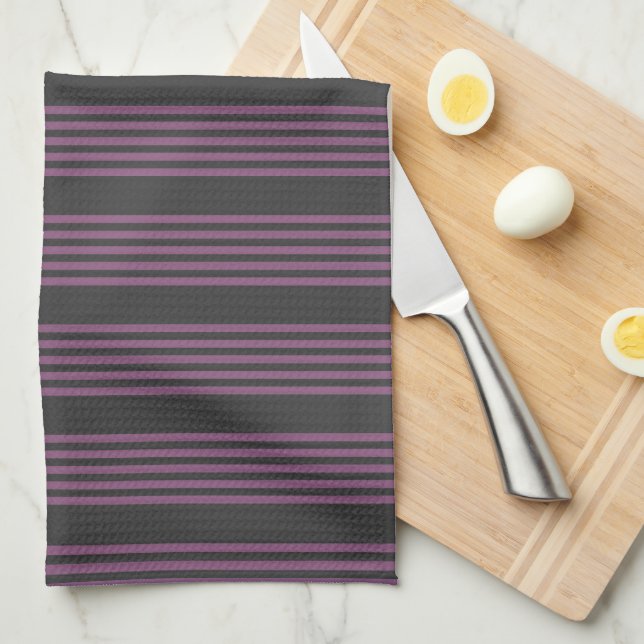 Mauve purple and charcoal five stripes pattern tea towel (Quarter Fold)