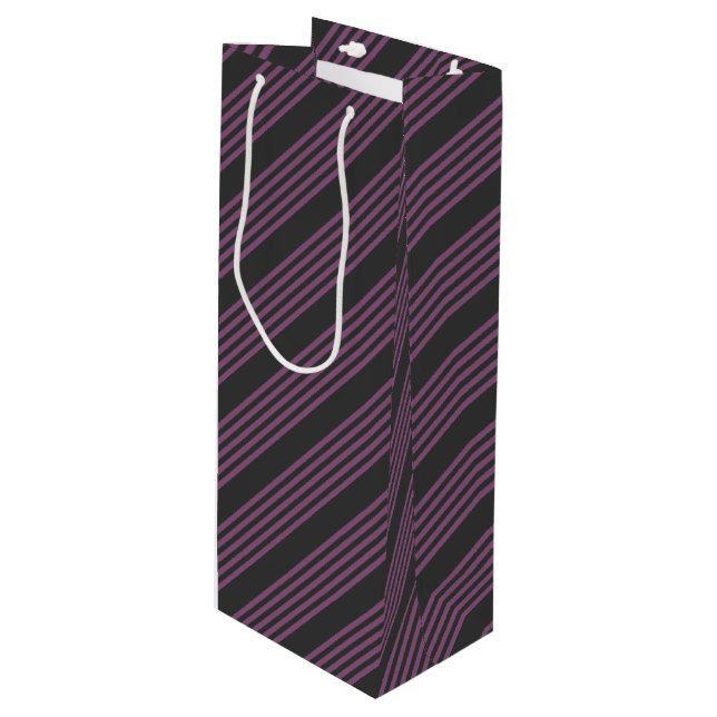 Mauve purple and charcoal five stripes pattern wine gift bag (Front Angled)