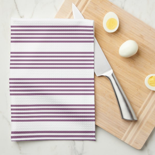 Mauve purple and white five stripes pattern tea towel (Quarter Fold)