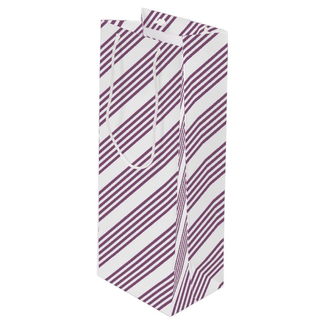 Mauve purple and white five stripes pattern wine gift bag (Front Angled)