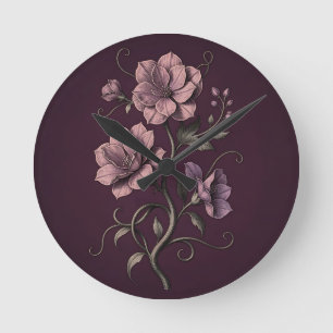 Mauve Purple Anemone Flower Dark Botanical Round Clock