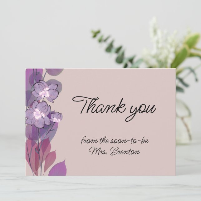 Mauve purple blush floral watercolor thank you card (Standing Front)