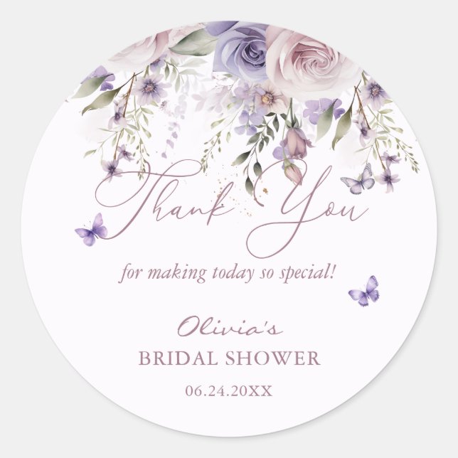 Mauve Purple Butterfly Bridal Shower Thank You Classic Round Sticker (Front)