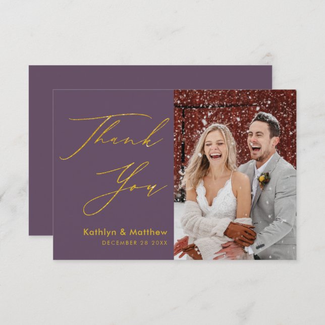 Mauve Purple Elegant Gold Script Modern Wedding Thank You Card (Front/Back)