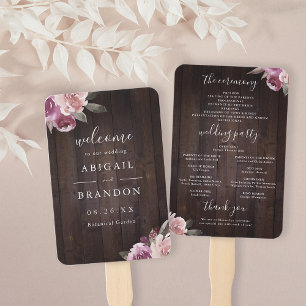 Mauve purple floral rustic wood wedding program hand fan