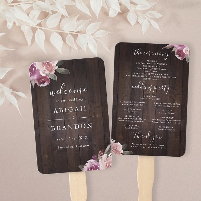 Mauve purple floral rustic wood wedding program hand fan (Mauve purple floral rustic wood wedding program hand fan)