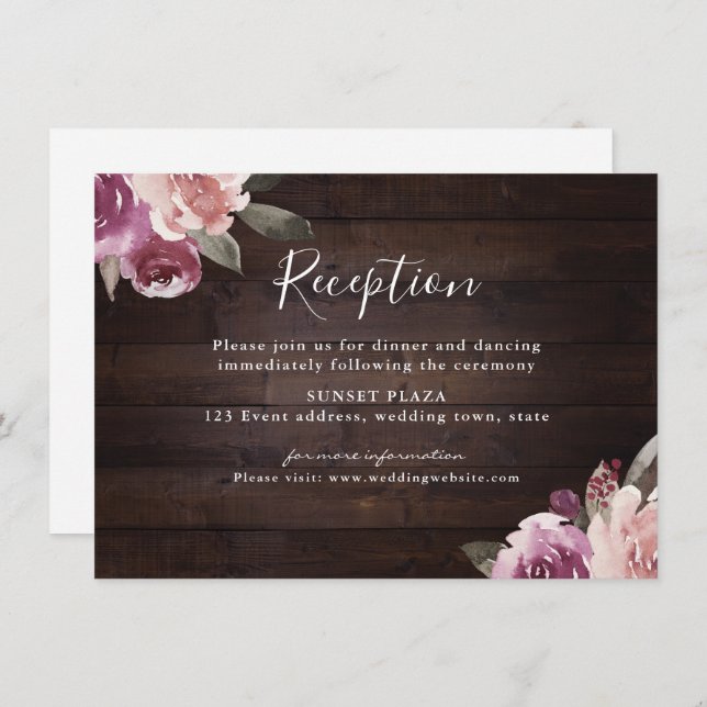 Mauve purple floral rustic wood wedding reception enclosure card (Front/Back)