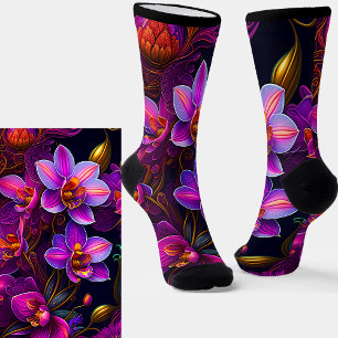 Mauve Purple Flowers with Gold on Black Socks
