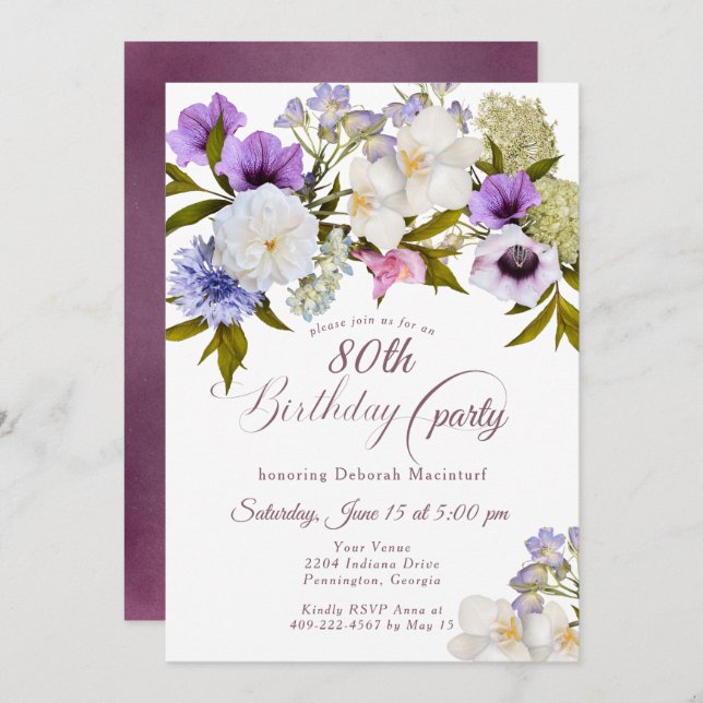 Mauve Purple Grandma's Garden 80th Invitation (Front/Back)