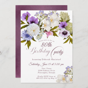 Mauve Purple Grandma's Garden 80th Invitation