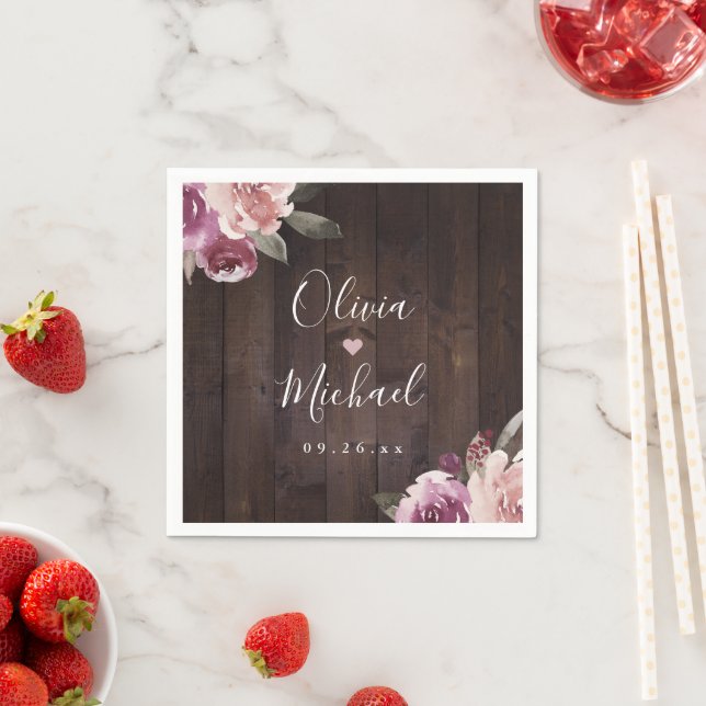 Mauve purple & mulberry floral rustic wood wedding napkin (Insitu)