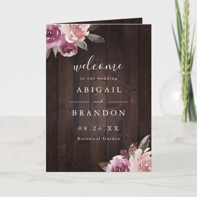 Mauve purple & mulberry floral rustic wood wedding program (Front)
