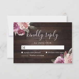 Mauve purple & mulberry floral rustic wood wedding RSVP card