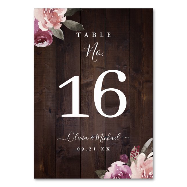 Mauve purple & mulberry floral rustic wood wedding table number (Front)